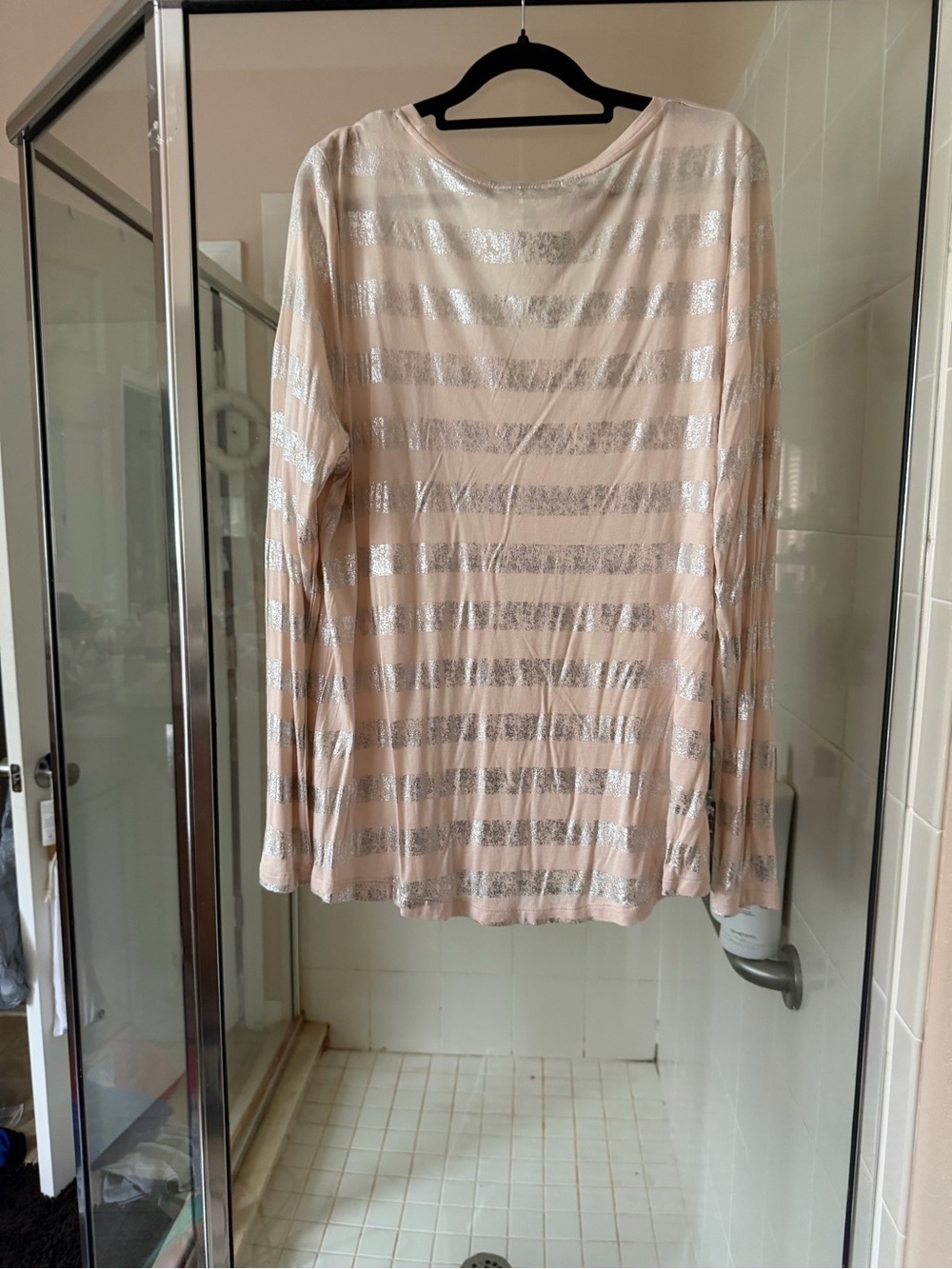 Jennifer Lopez Cream Long Sleeve Top with Silver Metallic Stripes